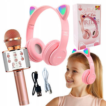 Zestaw Słuchawki Kocie Nauszne + Mikrofon Karaoke Dla Dzieci Bluetooth