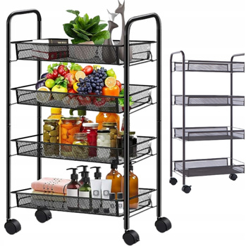 CoolStaff Regał Półka Kuchenna Łazienkowa Na Kółkach 4 Koszyki Czarna 85cm ORG202