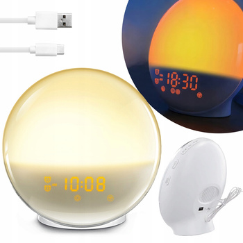 CoolStaff Lampka LED Nocna Wielofunkcyjna Zegar Budzik Symulacja Wschodu Słońca Radio