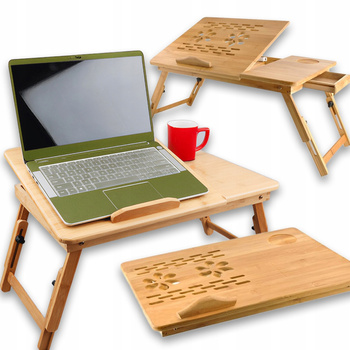 CoolStaff Składany Stolik Pod Laptopa Tablet Książkę Bambusowy z Szufladką