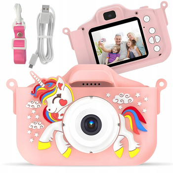 Aparat Cyfrowy Dla Dzieci 40MPX Kamera Gry + Smycz Różowy Jednorożec