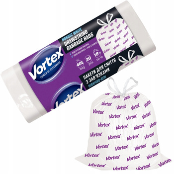 Vortex Worki Na Śmieci Mocne Białe Pojemne z Taśmą Ściągającą 40L 20 Sztuk