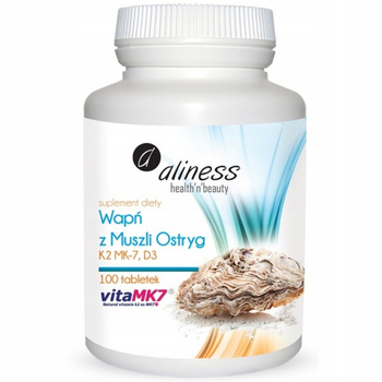 Aliness Wapń z Muszli Ostryg z K2 MK7 i D3 Mocne Włosy Kości 100 Tabletek