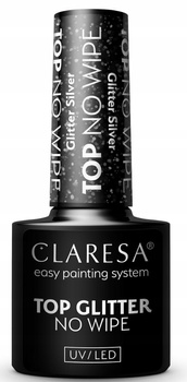 Claresa Top No Wipe Hybrydowy Połysk Brokatowy Srebrny Glitter Silver 5ml