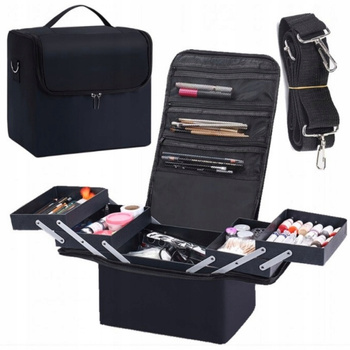 Organizer Na Kosmetyki Pojemny Kuferek Czarny z Paskiem Kieszonki Półki