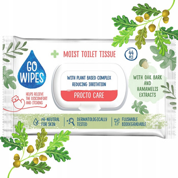 GoWipes Nawilżany Papier Toaletowy Ekstrakt z Kory Dębu Hamamelisu 44 Sztuk