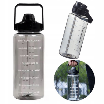 Butelka Na Siłownię Motywacyjna Bidon Na Wodę 2000ml z Ustnikiem Rurką 2L CZARNA