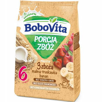 BoboVita Porcja 3 Zbóż Kaszka Mleczna Malina Truskawka Banan Po 6 Msc 210g