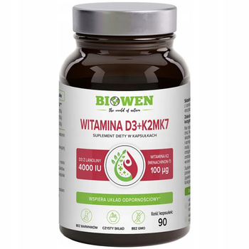 Biowen Witamina D3 + K2MK7 Suplement Diety Odporność Kości 90 Kapsułek