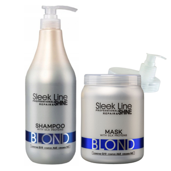 Stapiz Sleek Line Blond Zestaw Maska Do W艂os贸w + Szampon Do W艂os贸w Blond i Rozja艣nianych z Jedwabiem + Pompka