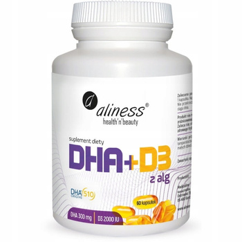 Aliness Omega DHA 300 mg z Alg + Witamina D3 2000IU Odporność Mózg 60 Kaps