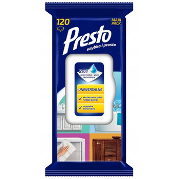 Presto Antybakteryjne Nawilżane Ściereczki Uniwersalne Maxi Pack 120 Sztuk