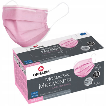 Opharm Maska Ochronna Do Twarzy Higieniczna Medyczna z Gumką 3 Warstwy 50 sztuk