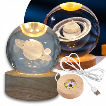 Lampka LED Nocna Biurkowa Ciepła Szklana Kula Kosmos Saturn z Pierścieniem